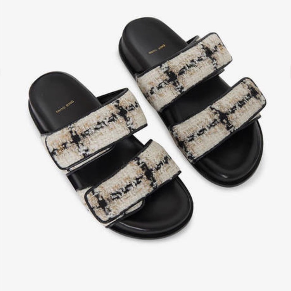 Anine Bing Textured Tweed Double-Strap Slide Sandals - Black & Cream SZ 7.5